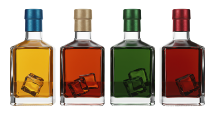 Four identical square glass bottles of premium amber liquor (whiskey, scotch), corked, with metallic foils and ice on reflective white. Concept of luxury spirits selection