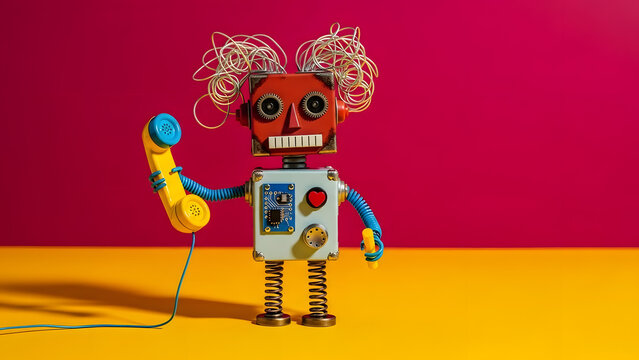 Customer service call center operator concept. Friendly robot assistant with retro styled phone on yellow pink background. copy space photo