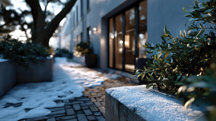 A serene snowy courtyard scene, showcasing a peaceful atmosphere with modern architectural elements, inviting contemplation and reflection amid a winter landscape.