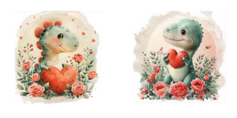 Two adorable cartoon dinosaurs with hearts surrounded by roses and foliage on transparent background high quality