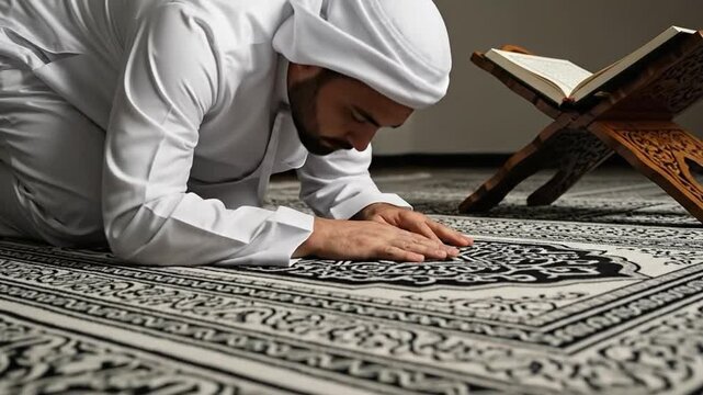 Muslim Man Praying in Traditional Garb on Ornate Carpet with Quran Nearby
