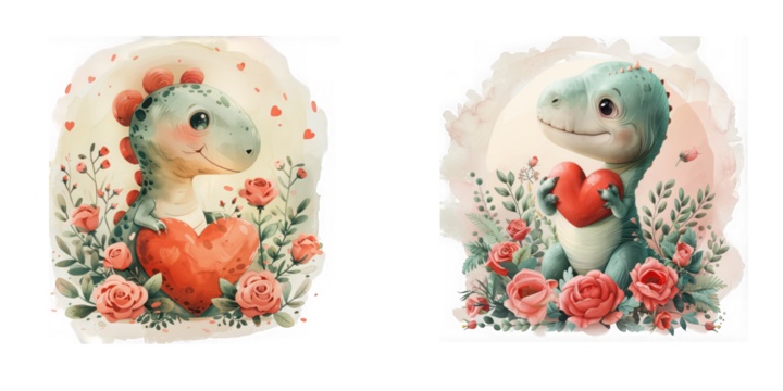 Two adorable cartoon dinosaurs with hearts surrounded by roses and foliage on transparent background high quality - Powered by Adobe
