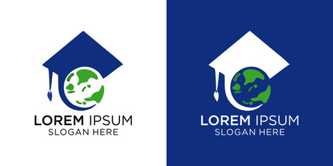 Education logos with graduation caps and a globe, perfect for academic institutions, schools, or educational businesses.