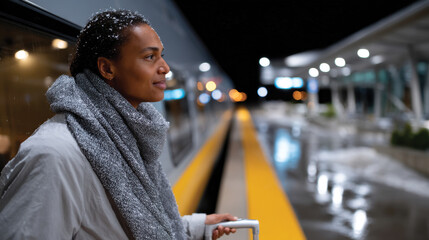 A serene image of a woman standing at a train station, wrapped in a warm scarf, gazing at the train as snow lightly falls around her in the quiet evening atmosphere.
