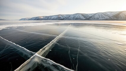 Frozen lake with cracked ice and snow-capped mountains in background