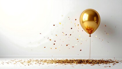 A golden balloon, tied to the ground, is accompanied by scattered confetti on a white wall and floor, creating a festive scene