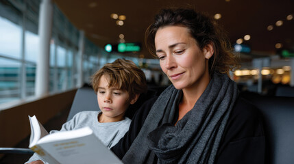 A woman and child share a moment of reading in an airport lounge, highlighting the bond of sharing stories during travel. A cozy scene filled with love and connection.