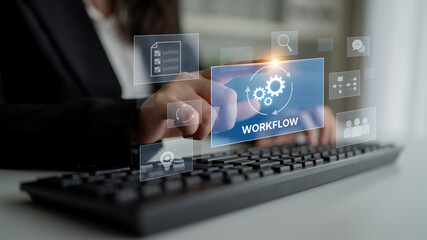 Workflow optimization concept featuring interconnected gears, task management, collaboration,...