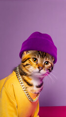 Stylized Orange Kitten with Tattoos, Purple Beanie, and Silver Chain in Spotlight Performance Setting