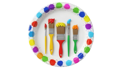 Colorful Paint Brushes with Vibrant Paint Drops on White Paper Plate