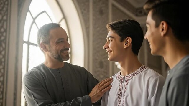 Warm Family Moment: Smiling Young Man and Two Adult Males in Traditional Attire in Beautiful Indoor Setting