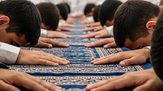 Group of Young Male Muslims Engaging in Prayer on Prayer Rug in Islamic Setting