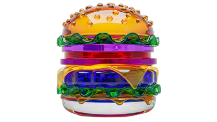 Transparent Glass Burger with Colorful Layers on White Background