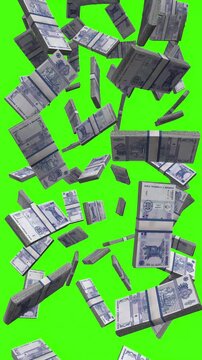 Vertical Moldovan Leu bills falling on chromakey, MDL cash rain