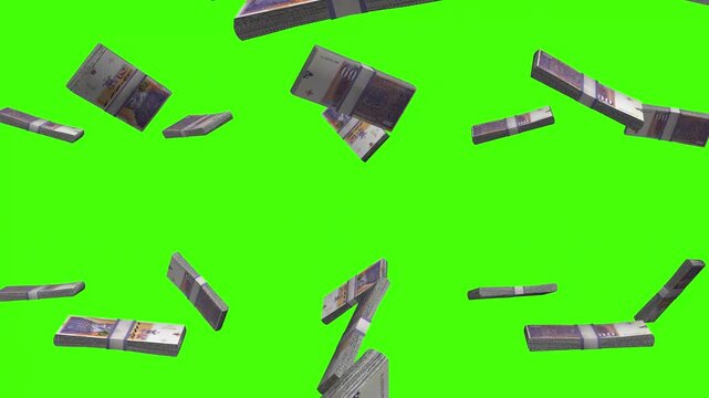 Macedonian Denar banknotes falling on green screen, MKD currency rain