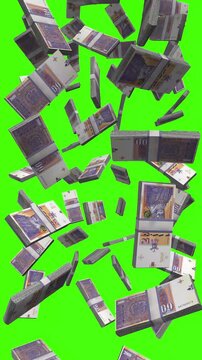 Vertical Macedonian Denar bills falling on chromakey, MKD cash rain