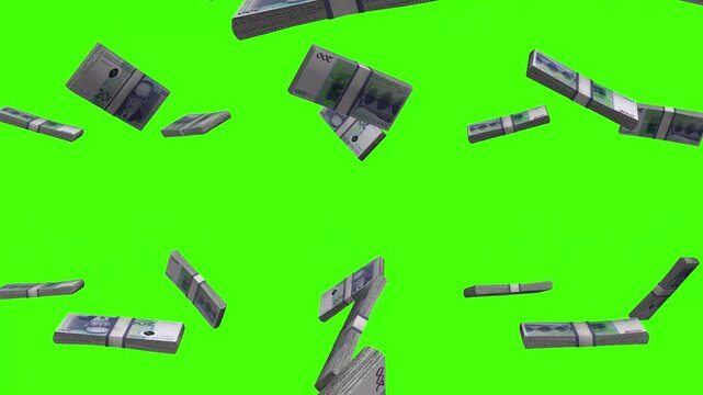 Bosnia Convertible Mark banknotes falling on green screen, BAM currency rain