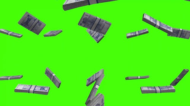 Moldovan Leu banknotes falling on green screen, MDL currency rain