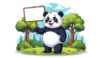 Cartoon panda holding a sign in a forest with trees and green grass