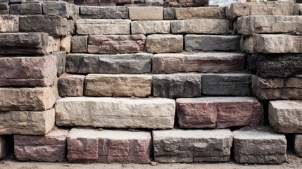 Naklejka premium Weathered stone blocks are stacked to create a sturdy structure in an old construction area under bright sunlight.