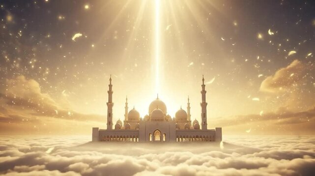 Majestic Mosque Surrounded by Clouds and Light - A Stunning Spiritual View of Faith and Serenity