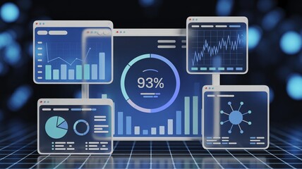 Data Visualization Displays in Futuristic Interface with Blue Neon Lighting on Grid Background for Business Analytics