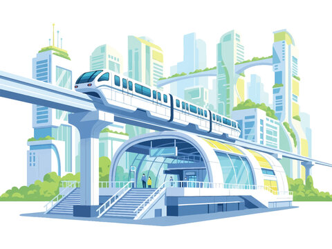 Modern monorail train speeding through futuristic cityscape with sleek architecture and lush greenery