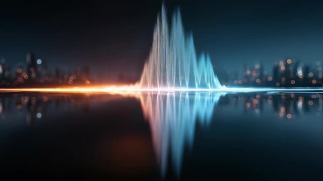 Dynamic audio waveform with vibrant neon colors and reflections, symbolizing technology and innovation in music production. Urban skyline in the background enhances the futuristic atmosphere