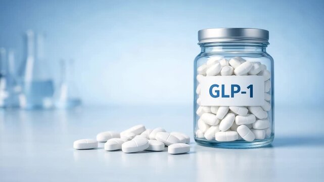Glass jar filled with white tablets labeled GLP-1 sits on a smooth surface with scattered pills, showcasing the product and its packaging in a clean, clinical setting