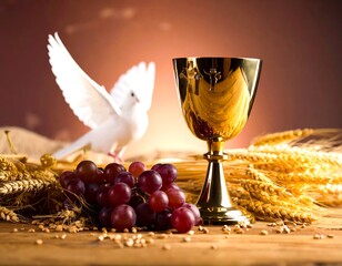A golden chalice, grapes, wheat, and a white dove against a warm backdrop, symbolizing religious ceremony