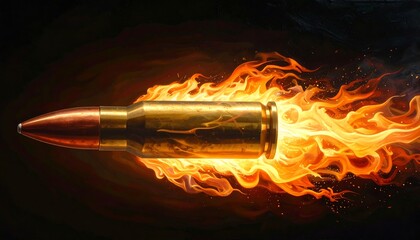 A golden bullet streaks across a dark background, engulfed in flames and leaving a fiery trail. The bullet's tip glows