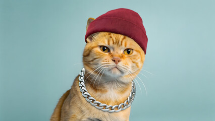 Stylized Orange Kitten with Tattoos, Purple Beanie, and Silver Chain in Spotlight Performance Setting