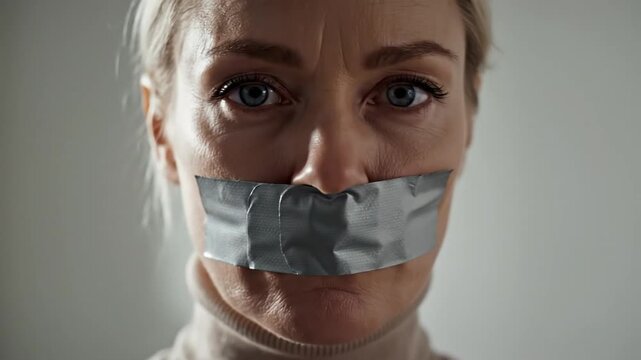Woman with Duct Tape over Mouth Silent and Oppressed