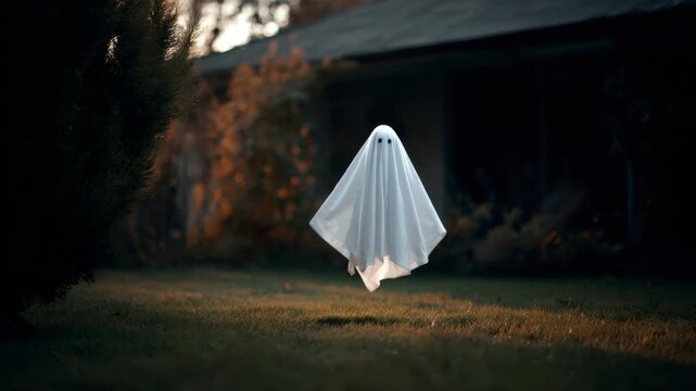 Floating ghost figure draped in white fabric hovers above grassy ground with blurred background of trees and a building creating an eerie yet captivating visual scene
