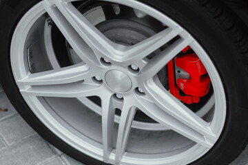 Obraz premium Close-up of a shiny silver alloy wheel featuring multi-spoke design and vibrant red high-performance brake caliper behind black tire.