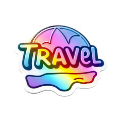 Sticker style graphic shows travel text, umbrella, and shoreline with rainbow gradient, glossy highlights, and white die cut outline on a black background.