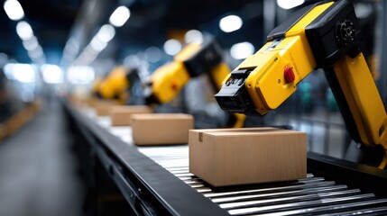 Automated robotic arms efficiently package boxes on a conveyor belt in a modern industrial facility.