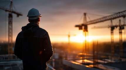 Fototapeta premium Civil engineer observes construction site at sunset, symbolizing long-term planning and vision in urban development.
