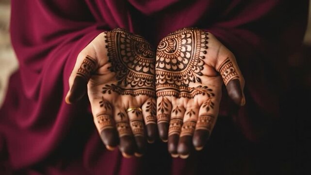 Beautiful Female Portrait with Intricate Henna Designs on Hands in Traditional Dress