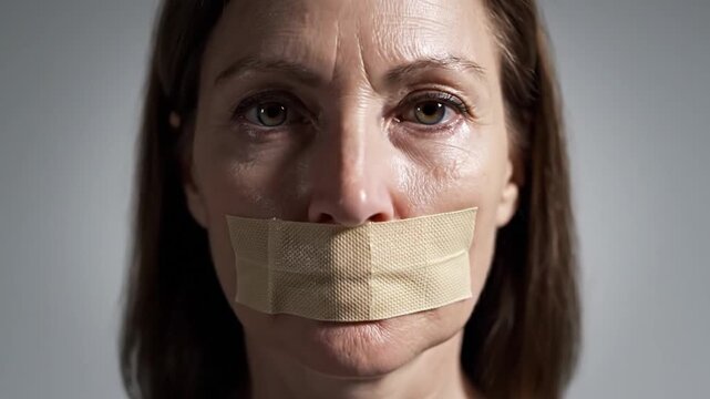 Woman Silenced Mouth Covered With Tape Censorship Concept