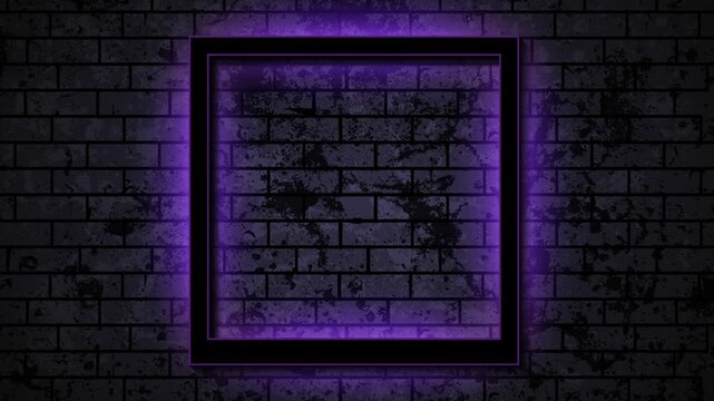 Black square frame on dark brick wall with violet luminous neon lights abstract retro background. Seamless looping motion design. Video animation Ultra HD 4K 3840x2160