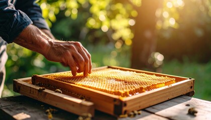 Beekeeper Inspecting Honeycomb Frame in Warm Sunlight Outdoor Nature Apiary With Blurred Green Foliage Background