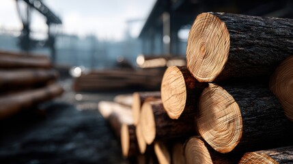 Neatly stacked logs with visible growth rings, soft lighting highlights textures, industrial background. Suitable for eco-friendly resource and forest management concepts.