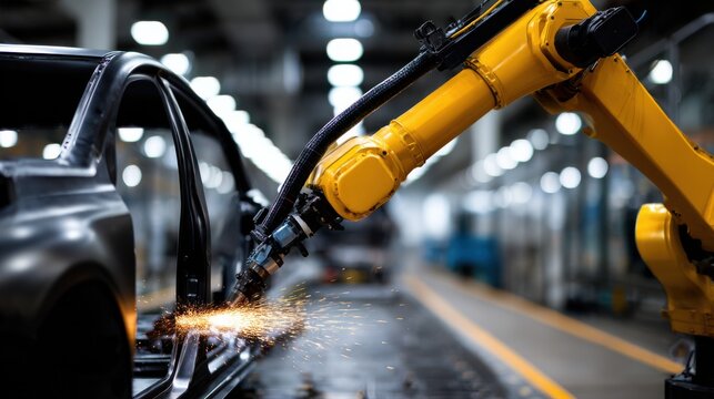 Robotic arm welding car chassis on an automotive production line, showcasing advanced manufacturing and precision technology in a modern factory environment.