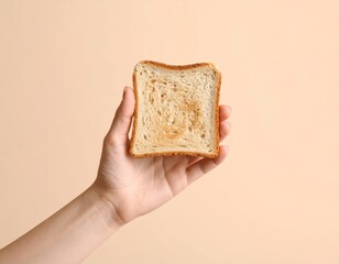 Hand Holding Golden Brown Toasted Bread Slice Against a Warm Beige Background with Soft Lighting