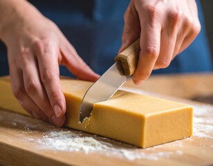 Skilled hands carefully slice a golden block of artisanal cheese with a serrated knife on a wooden cutting board dusted with flour in soft natural light