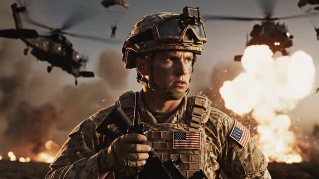 intense military scene with soldier communicating amidst aerial attack and