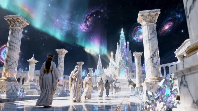 Gods of Olympus walking in the White Heaven Realm full of columns, surrounded by cosmic portals amd galaxies in motion