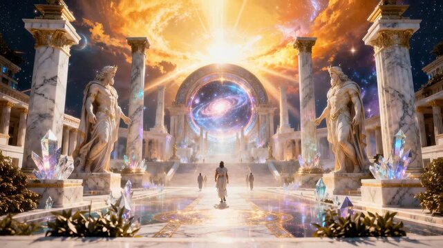 Gods of Olympus walking in the Golden Heaven Realm full of columns, surrounded by cosmic portals amd galaxies in motion