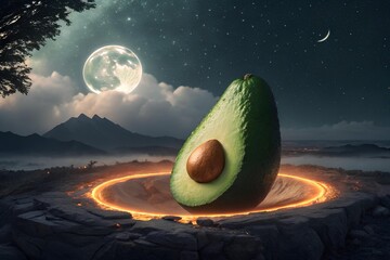 Surreal night landscape with a giant avocado half on glowing circle, full moon, starry sky, and misty mountains in background